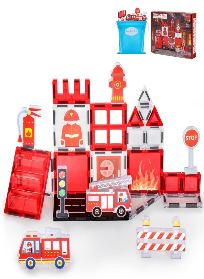 VANLINNY Magnetic Tiles, Firetruck Toys 3-5 Years Old, Fire Trucks for Toddlers 3-5, Magnetic Building Blocks for Kids, STEM Educational Construction Toys for Toddlers, Xmas Birthday Gifts for Boys and Girls - Image 1